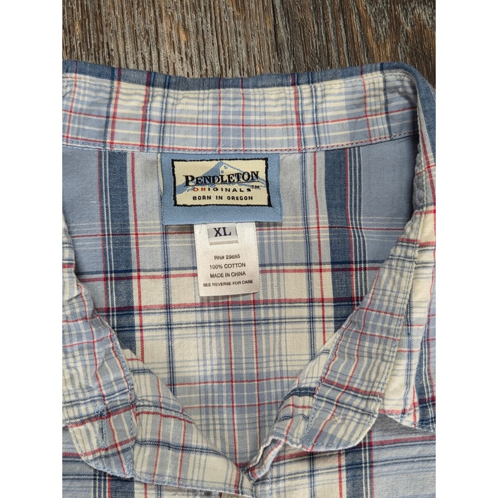 Pendleton Originals Mens XL Blue White Plaid Cotton Short Sleeve Button Down - Picture 2 of 3